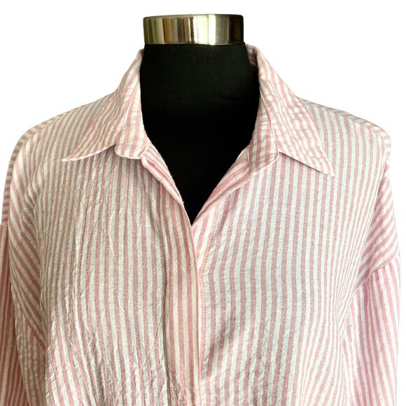 Umgee Pink & White Stripe Oversized Button Down Tunic Top MED Boho Lagenlook - Picture 4 of 8